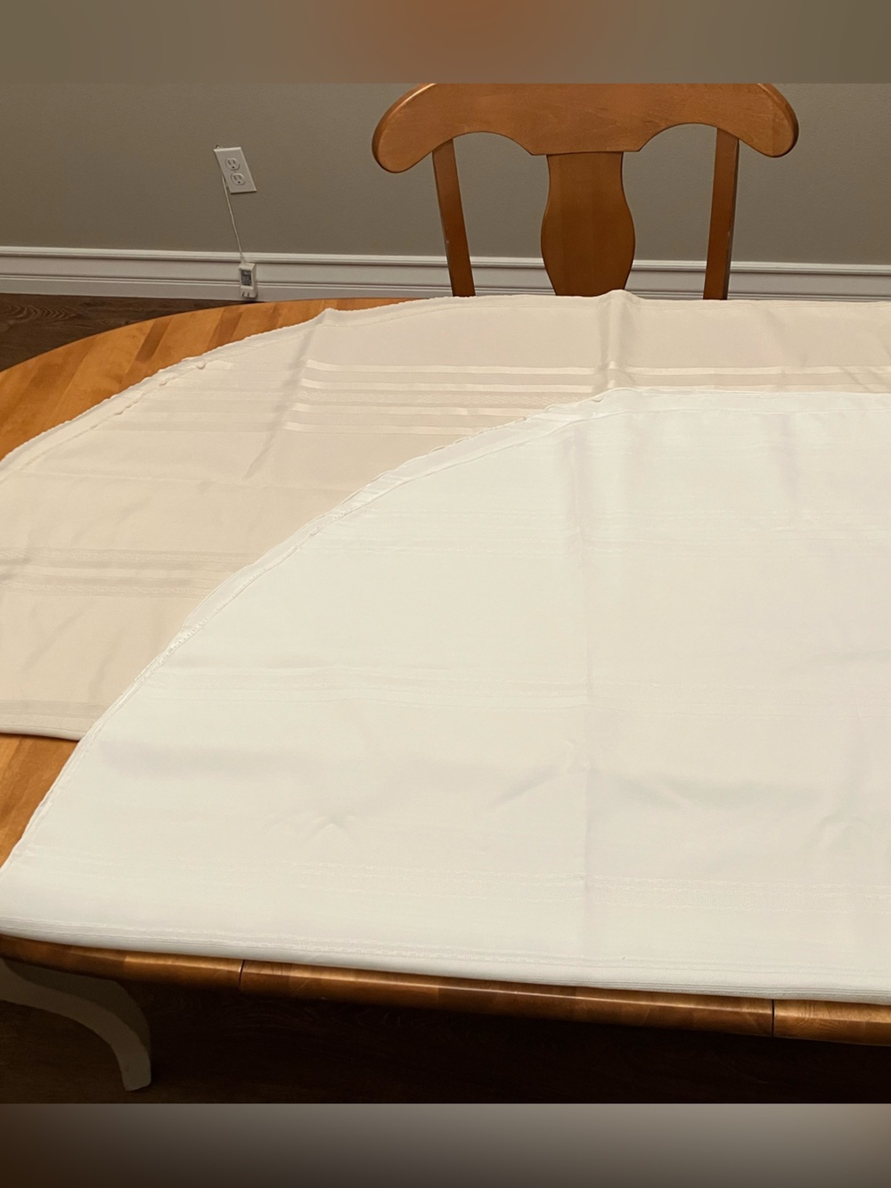 2 large oval jacquard stripe damask tablecloths, 1 cream and 1 white